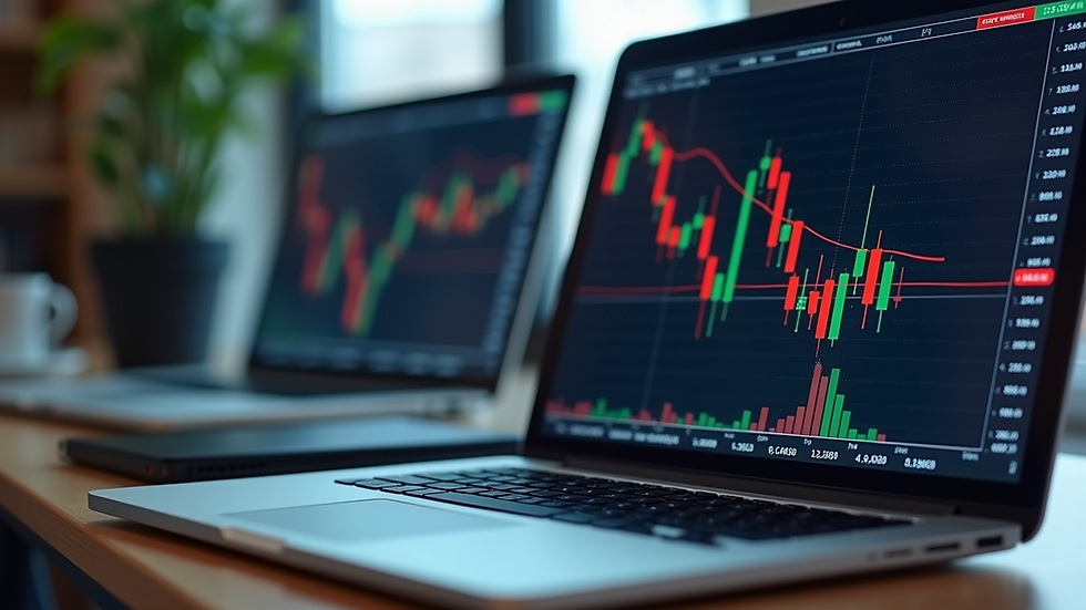 Eye-level view of a laptop displaying forex trading charts
