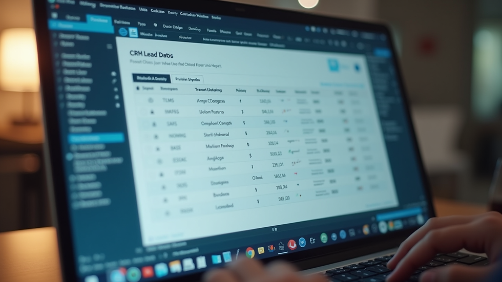 Close-up view of a laptop screen displaying CRM software with lead data