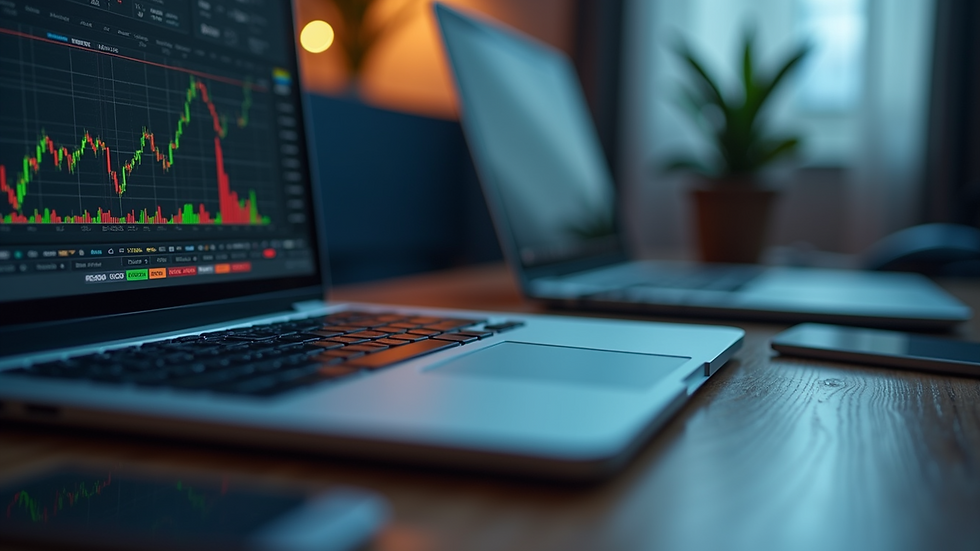 Close-up view of a trader’s desk with a laptop and forex charts