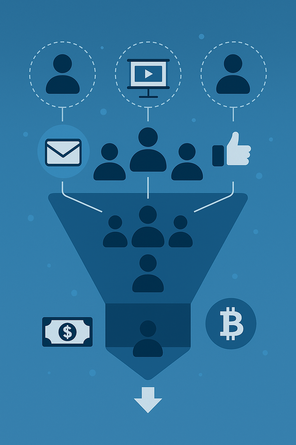 marketing funnel guiding people through email, webinar and social media stages to conversion