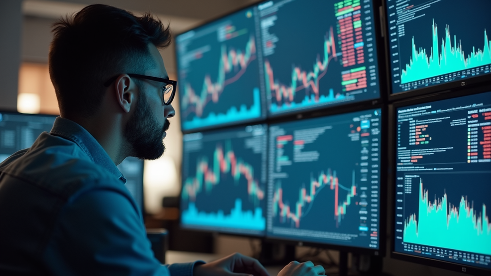 Eye-level view of a trader analyzing forex and crypto data on multiple screens