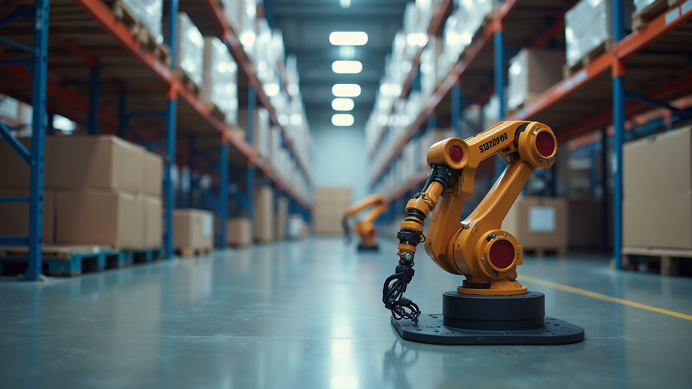 Eye-level view of a modern warehouse with automated robots
