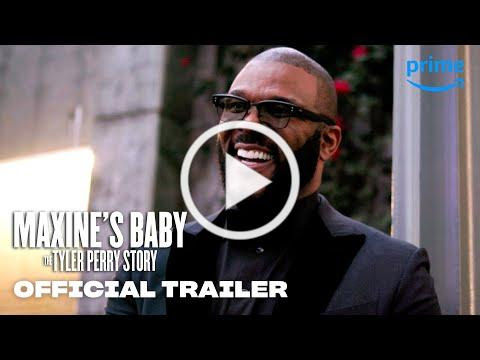 "Thumbnail for 'Maxine's Baby: The Tyler Perry Story' official trailer, featuring a medium shot of Tyler Perry laughing in a suit with glasses against a blurred background, with a play button overlay indicating video content."