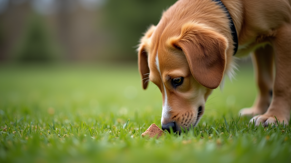 Close-up view of a dog sniffing a hidden treat in grass