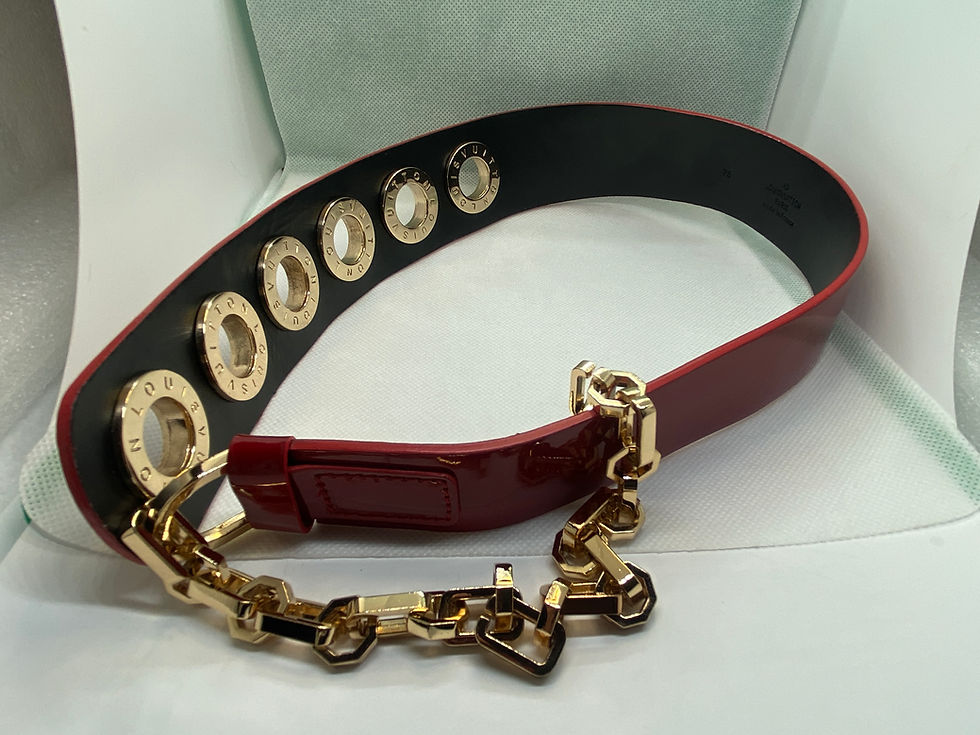 Thumbnail: Louis Vuitton Red Patent Leather Belt  Gold Eyelets & Chain  Designer Statement
