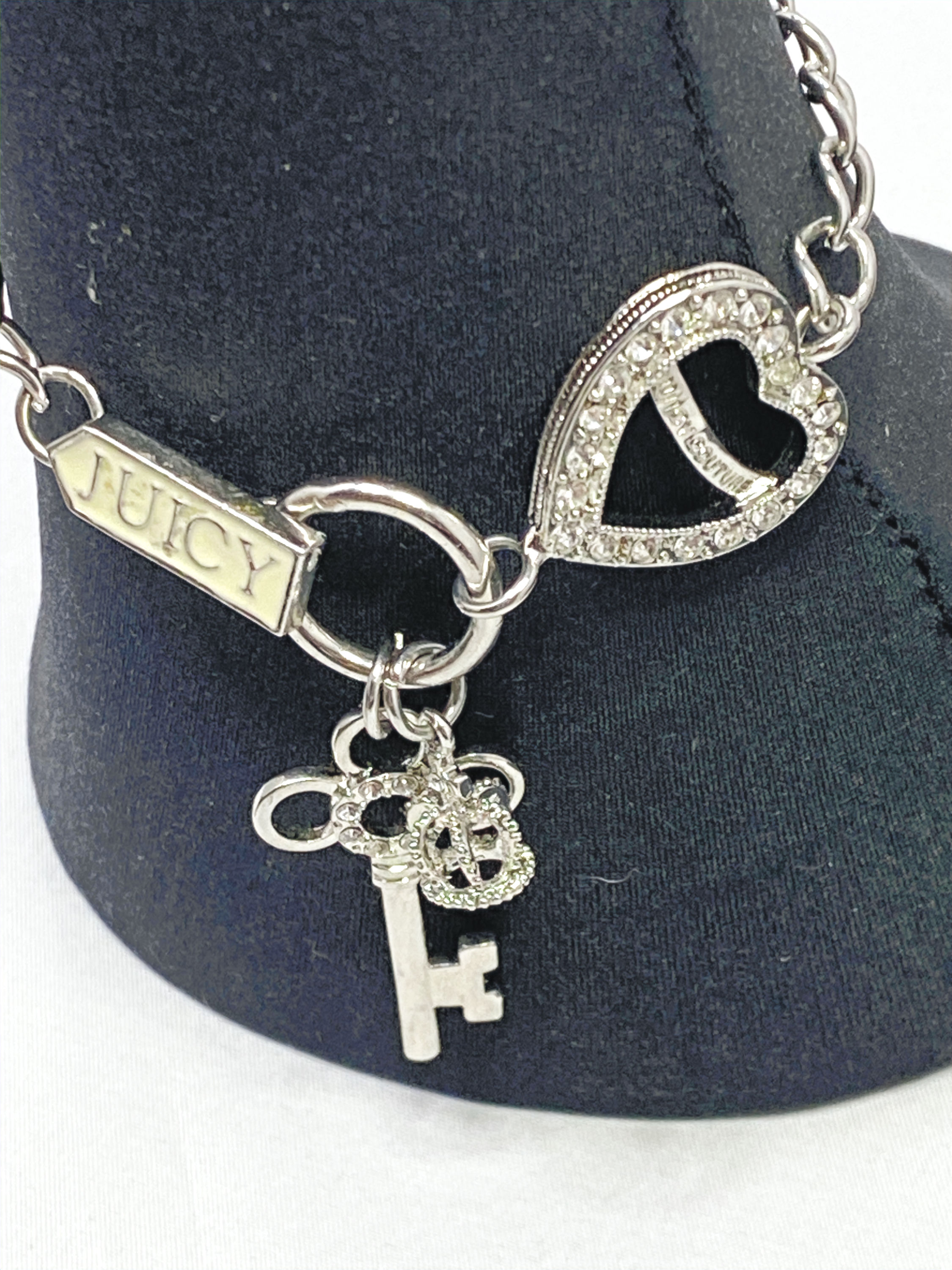 Juicy Couture Silver Charm Bracelet – Heart Lock, Crown & Key Rhinestone Charms