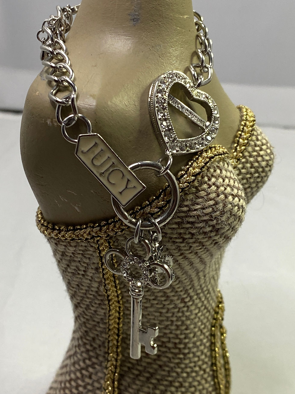 Thumbnail: Juicy Couture Silver Charm Bracelet – Heart Lock, Crown & Key Rhinestone Charms