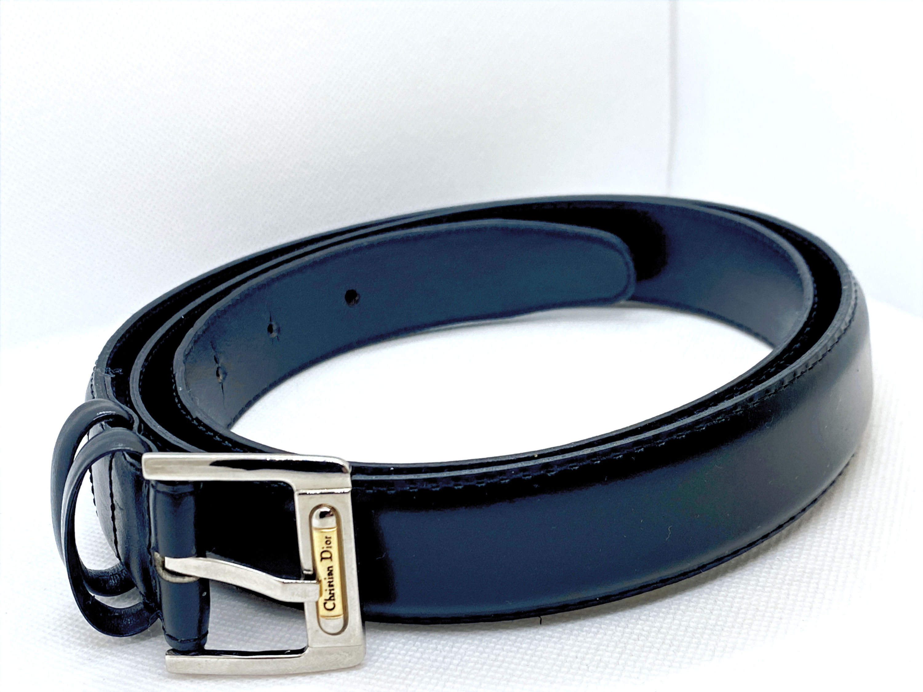 Christian Dior Monsieur Black Leather Belt 44” Vintage Dior Men’s Belt Silver