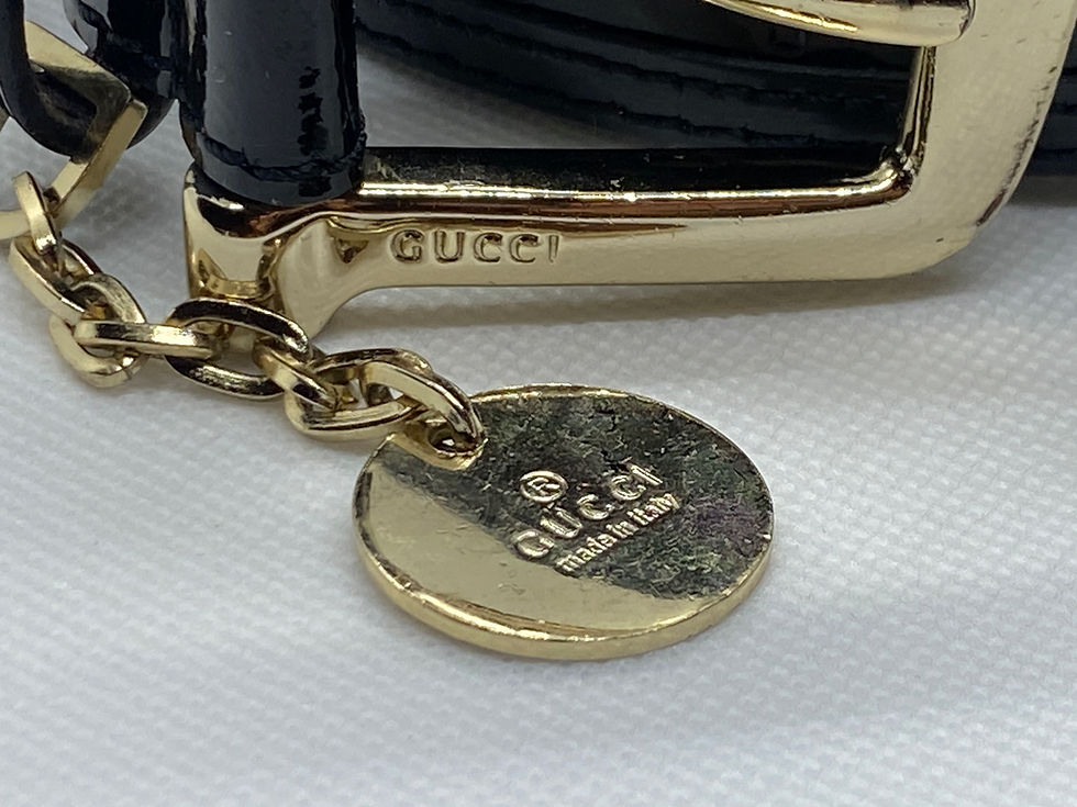 Thumbnail: Gucci Black Patent Leather GG Monogram Belt w/ Gold Buckle & Charm Designer Belt
