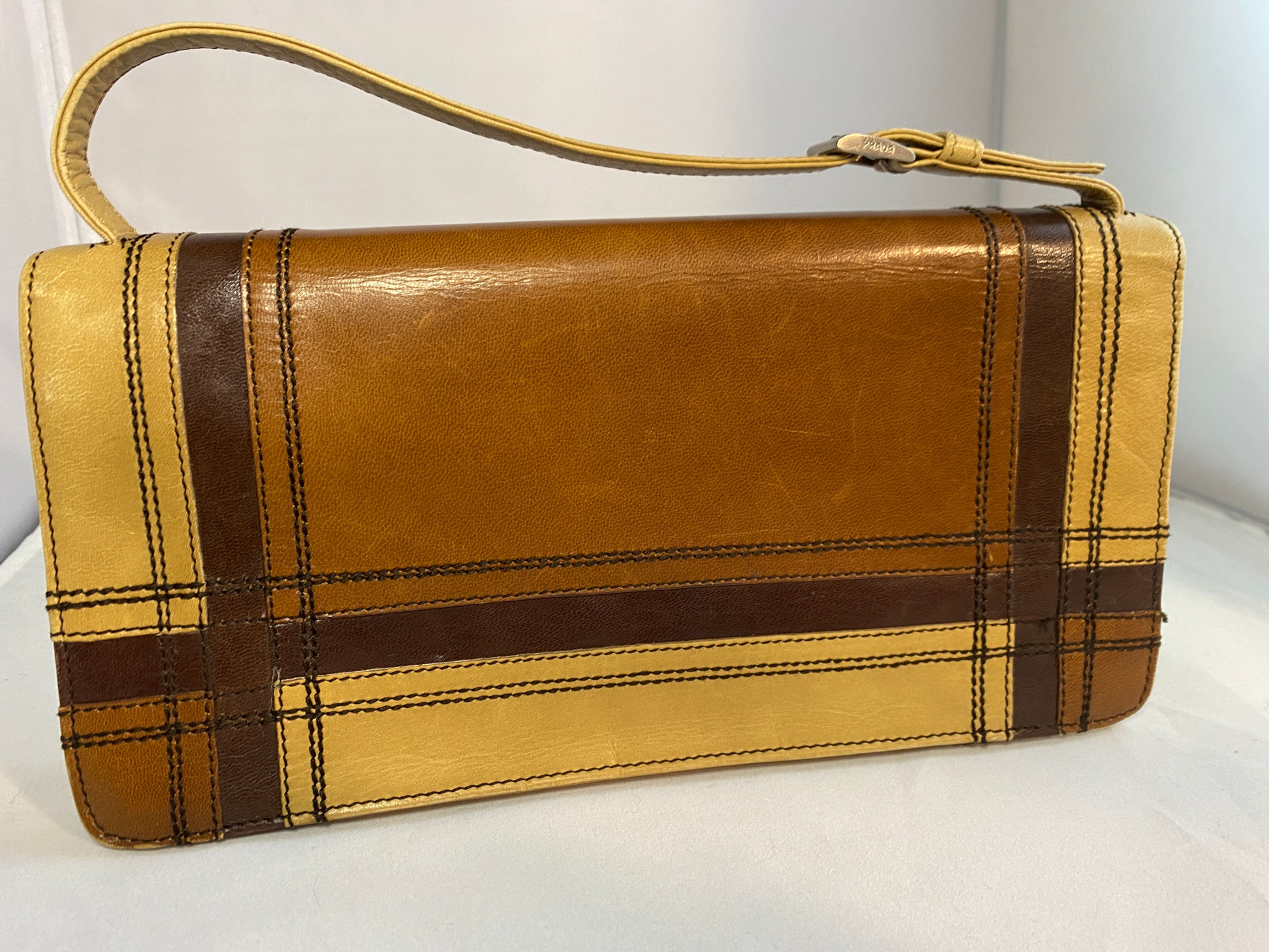 Vintage Prada Leather Stripe Shoulder Bag – Multitone Caramel & Brown – Made in