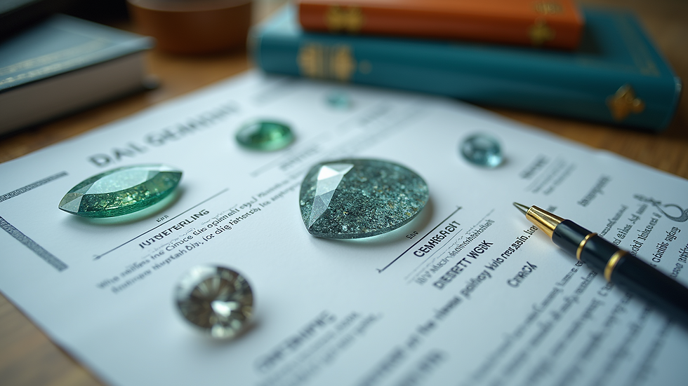 High angle view of gemology textbooks and certification documents