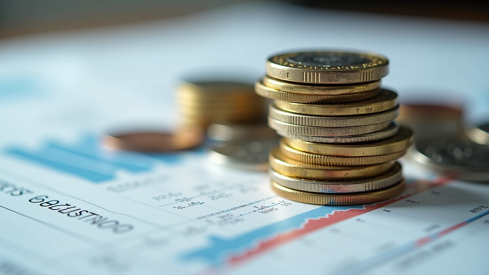 Close-up view of a stack of coins on financial reports