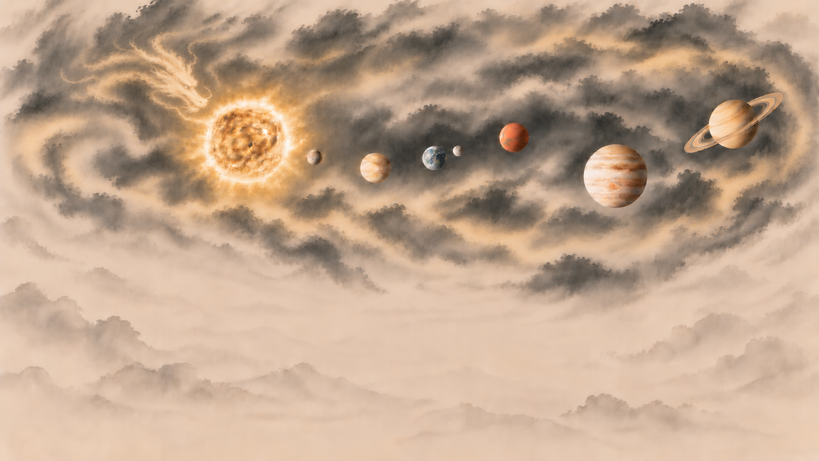 Sun, Moon and planets in Chinese ink wash on pale silk, with golden light and flowing mist
