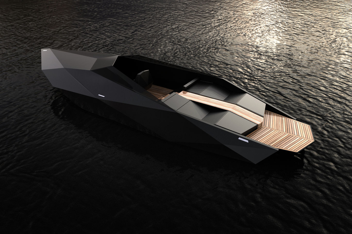 Precious gem
Shine bright like a diamond in this laser cut gemstone power boat. Totaly unconventional look above the waterline doesn’t deminish what is going on under. Imagine how it would sparkle on the sun, just like the rotating diamond refracting and reflecting sun rays. It can easyly accomodate 5 persons even though maximum number of person is nine. It is basicly a bowrider with a hardtop and a bit more futuristic look. And why not?!