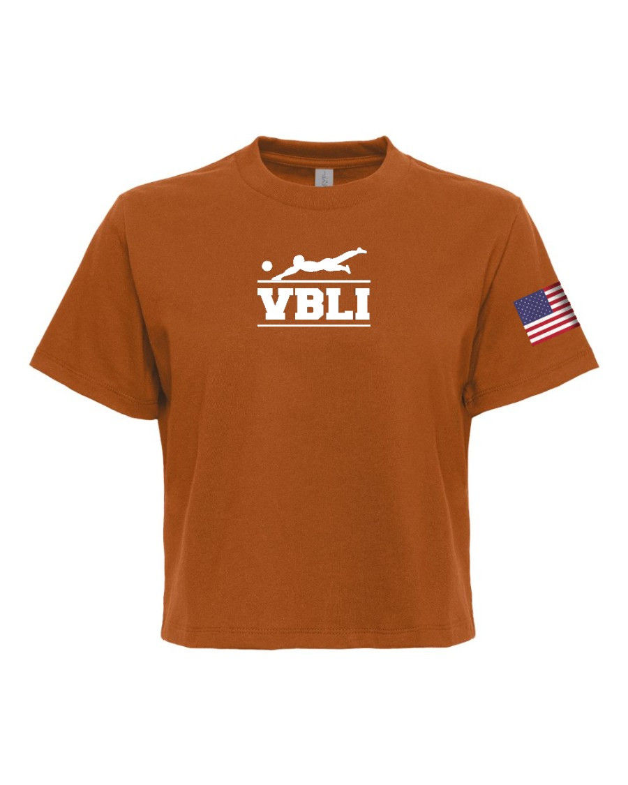 Thumbnail: Clay VBLI Fall Women's Heavyweight Boxy Tee with white VBLI logo and American flag on the left sleeve