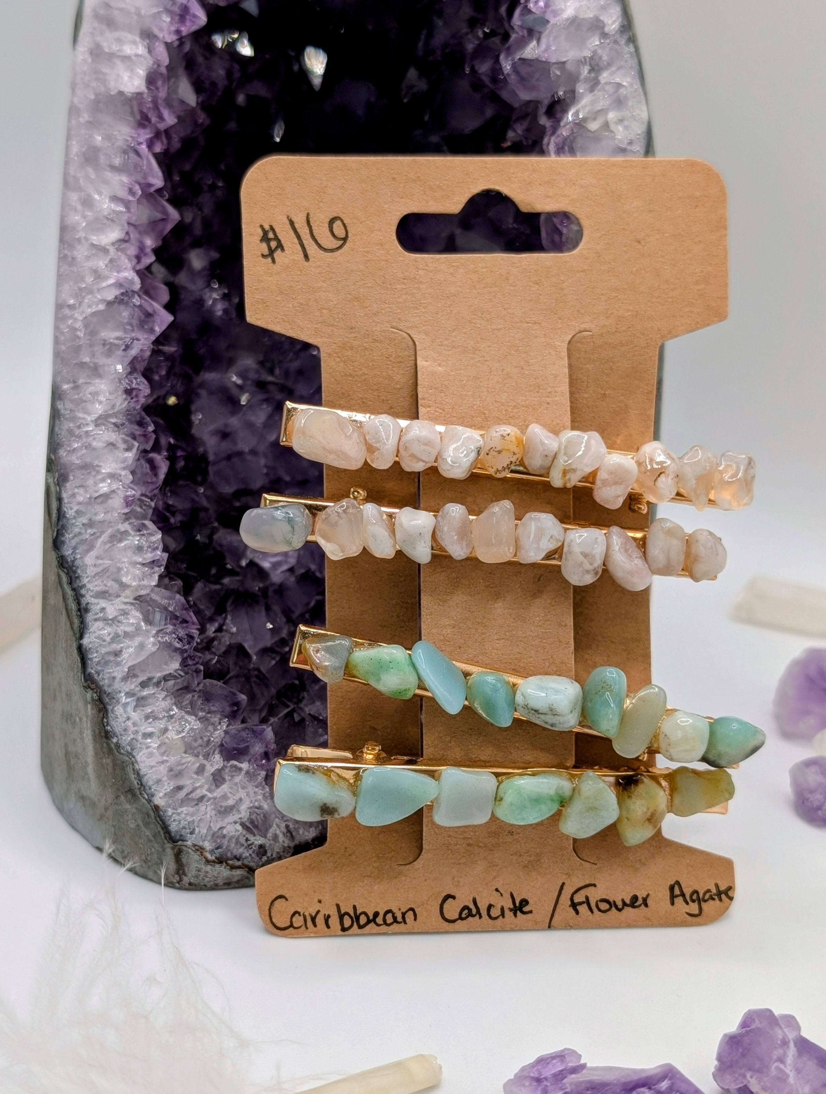 Flower Agate & Caribbean Calcite Hair Clips 