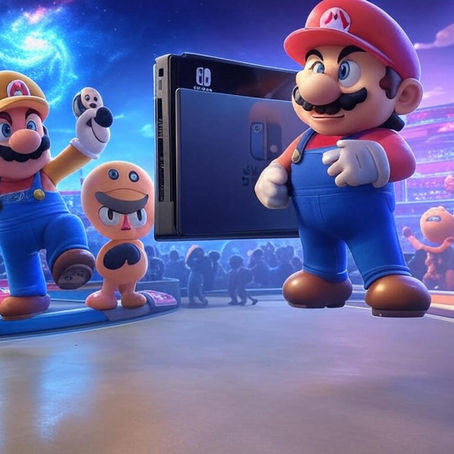 Two animated characters resembling plumbers, one in a red hat and the other in yellow, stand in a vibrant, futuristic setting with a gaming console.