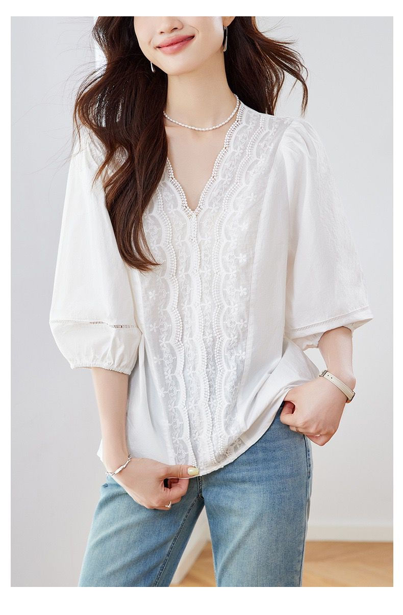 Thumbnail: 100% Cotton Lace Embroidered Blouse in White | The Natural Life Singapore
