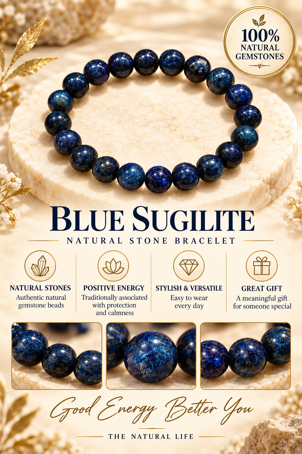 Blue Sugilite Natural crystal Bracelet – Rare South African Gemstone