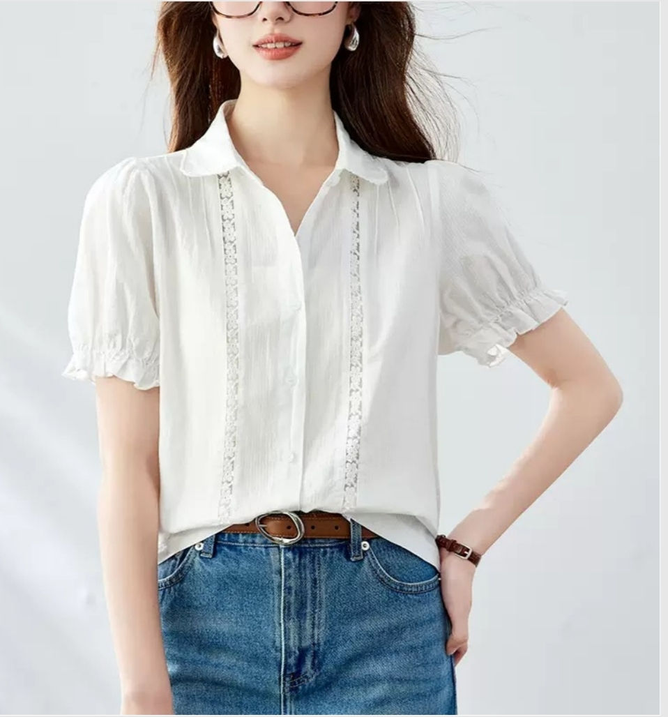 Korean Lace Trim Cotton Blouse White - The Natural Life