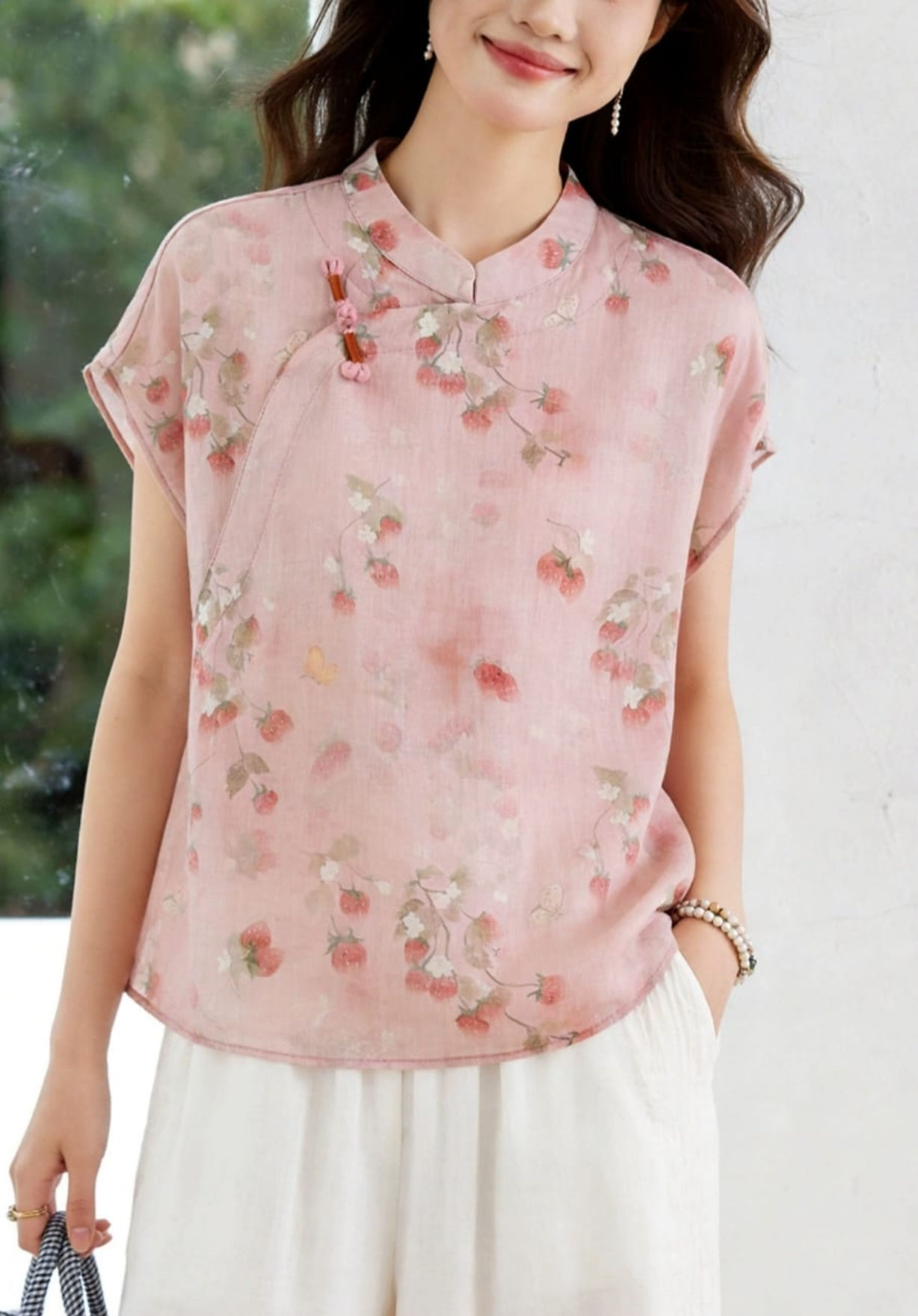 100% Linen Pink Strawberry Mandarin Blouse – The Natural Life Singapore