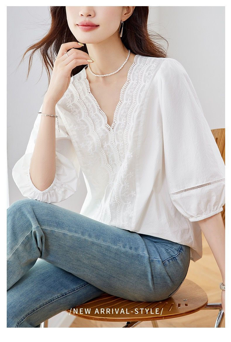 Thumbnail: 100% Cotton Lace Embroidered Blouse in White | The Natural Life Singapore