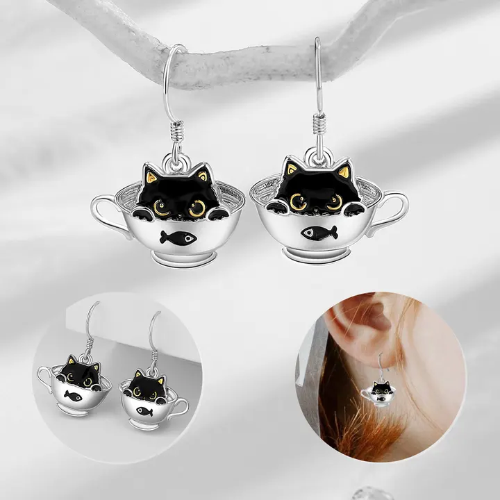 Thumbnail: Cute Black Cat Kitten Dangle Drop Earrings – 925 Sterling Silver, Hypoallergenic Jewelry