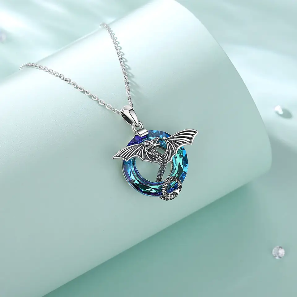 Crystal Flying Dragon Pendant Necklace, Austria Crystal 925 Sterling Silver 3