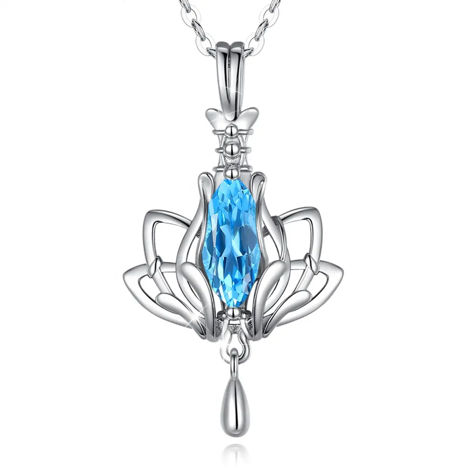 Blue lotus flower with crystal drops Pendant Necklace 925 Sterling