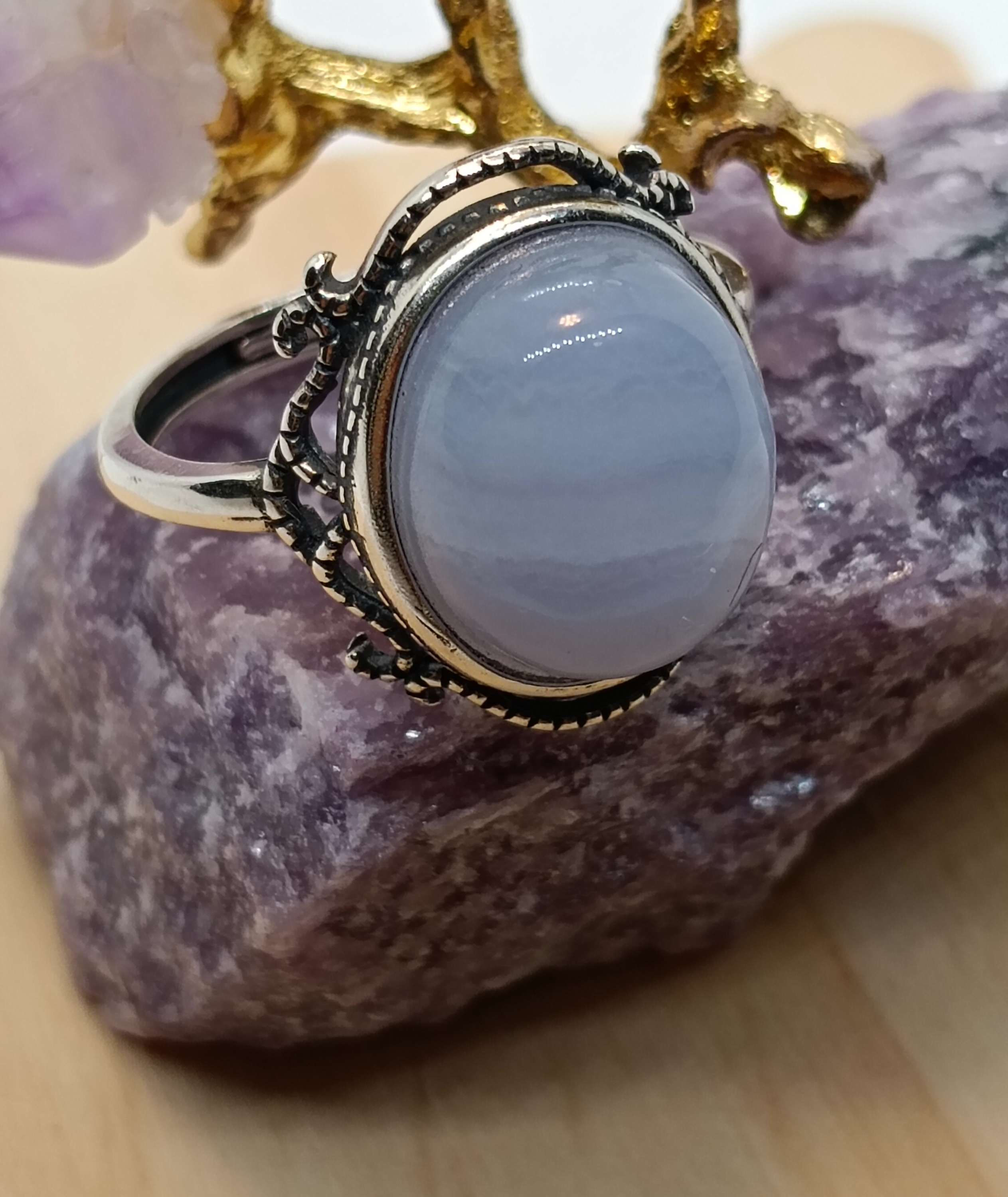 Blue Lace Agate Ring 925 Silver – Adjustable & Elegant | The Natural Life Singapore