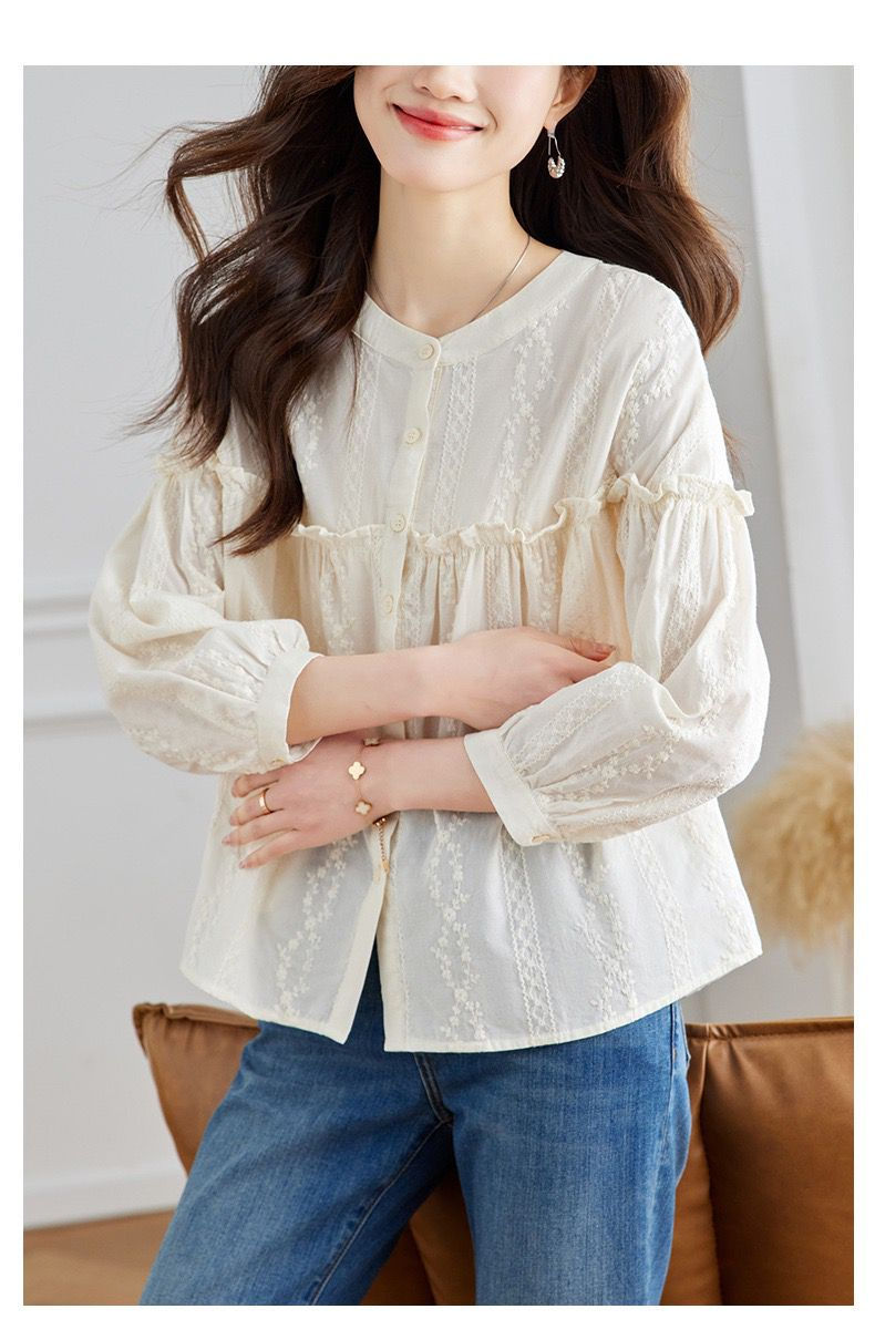 Thumbnail: Cream Cotton Embroidered Blouse Korean Loose Fit Shirt The Natural Life Singapore