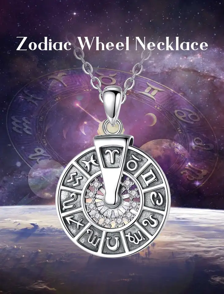 Zodiac wheel Astrology Necklace Pendant 12 Zodiac  Rotating Disc  | 925 Silver 2