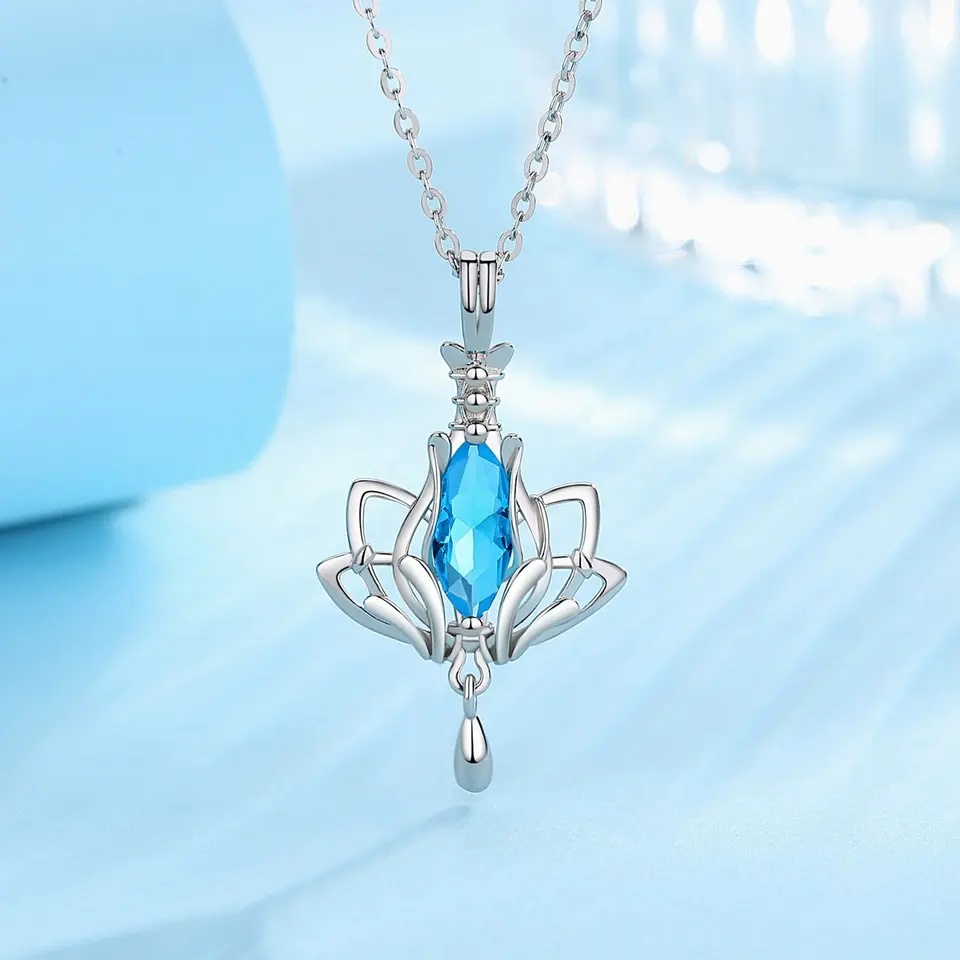 Blue lotus flower with crystal drops Pendant Necklace 925 Sterling Silver