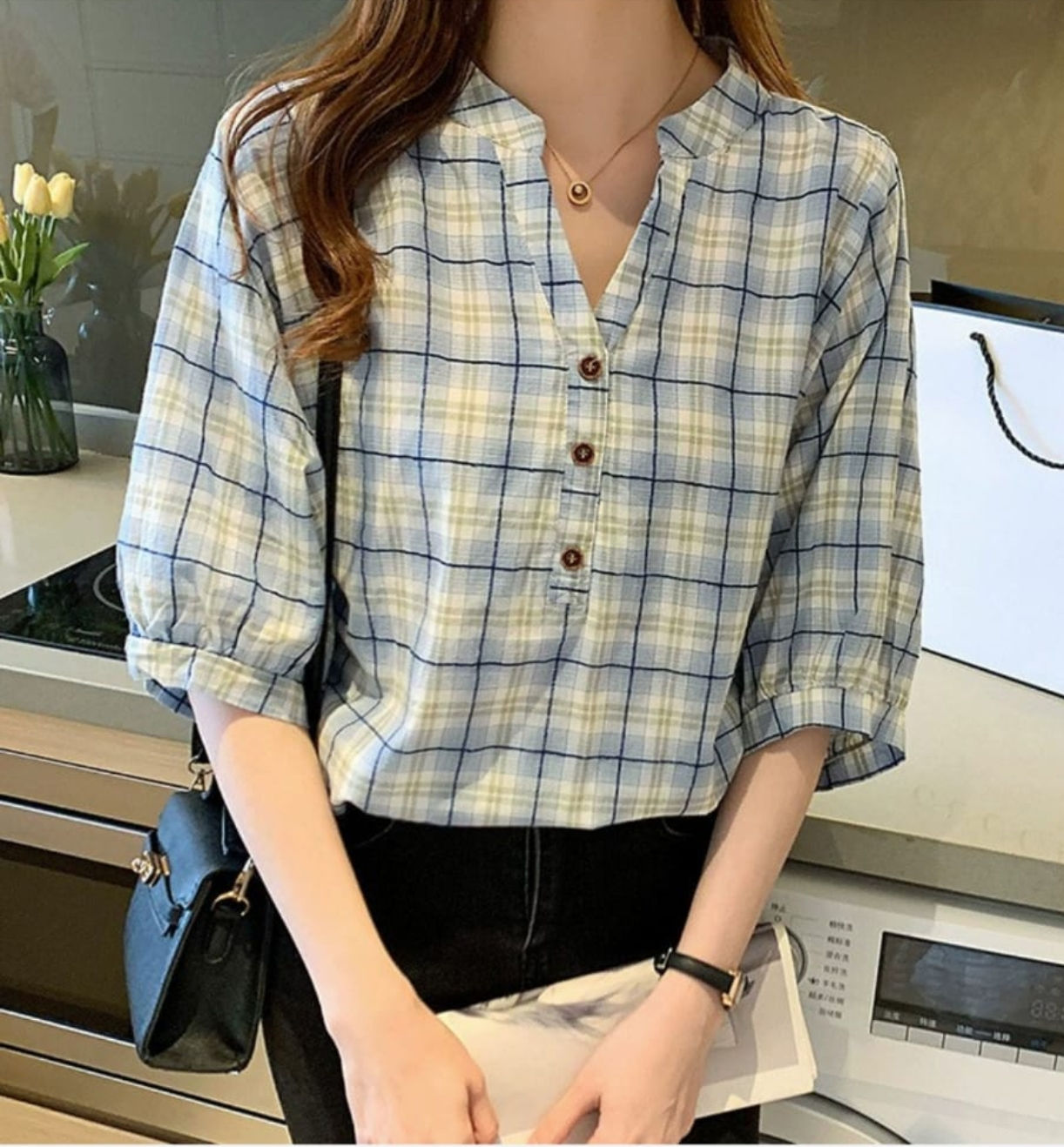Checkered Korean-Style Cotton Blouse