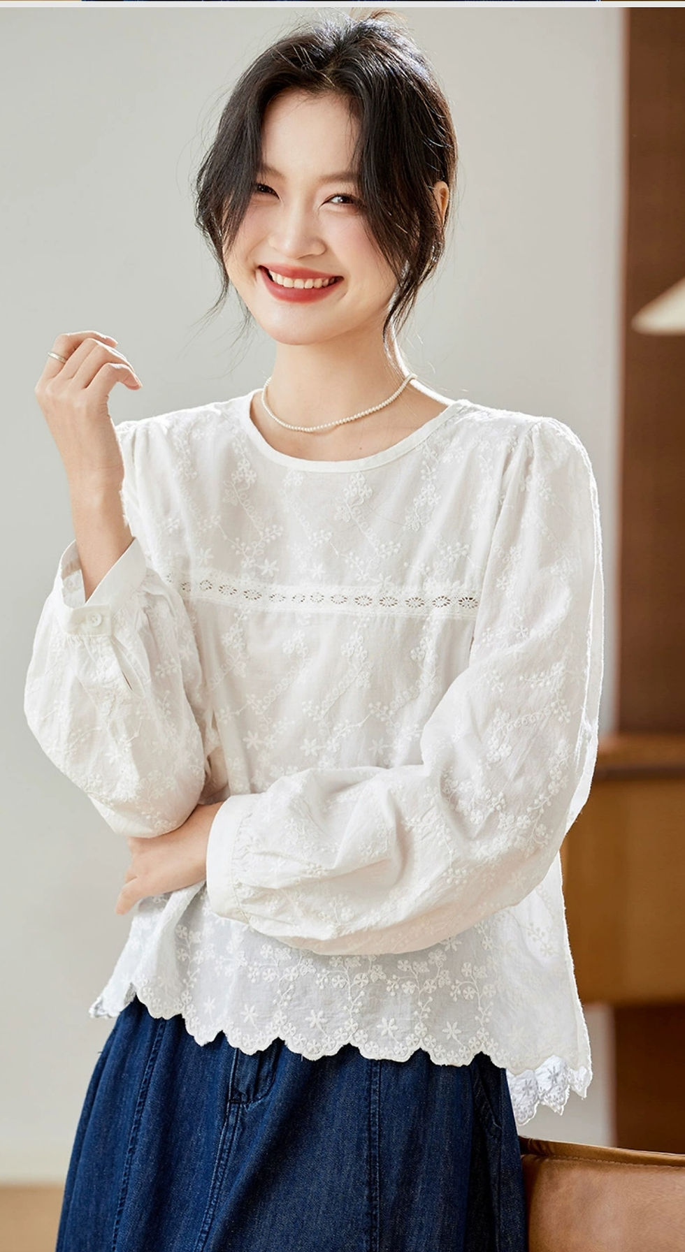 White Korean Flower Embroidered Cotton Blouse – The Natural Life Singapore