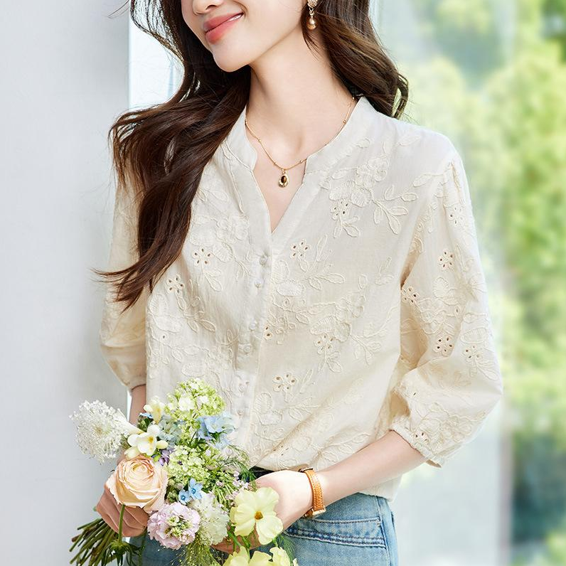 Floral Embroidered Cotton Blouse Beige