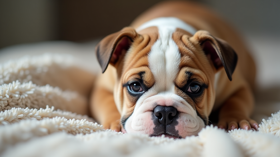 Close-up view of a healthy bulldog puppy resting on a soft blanket