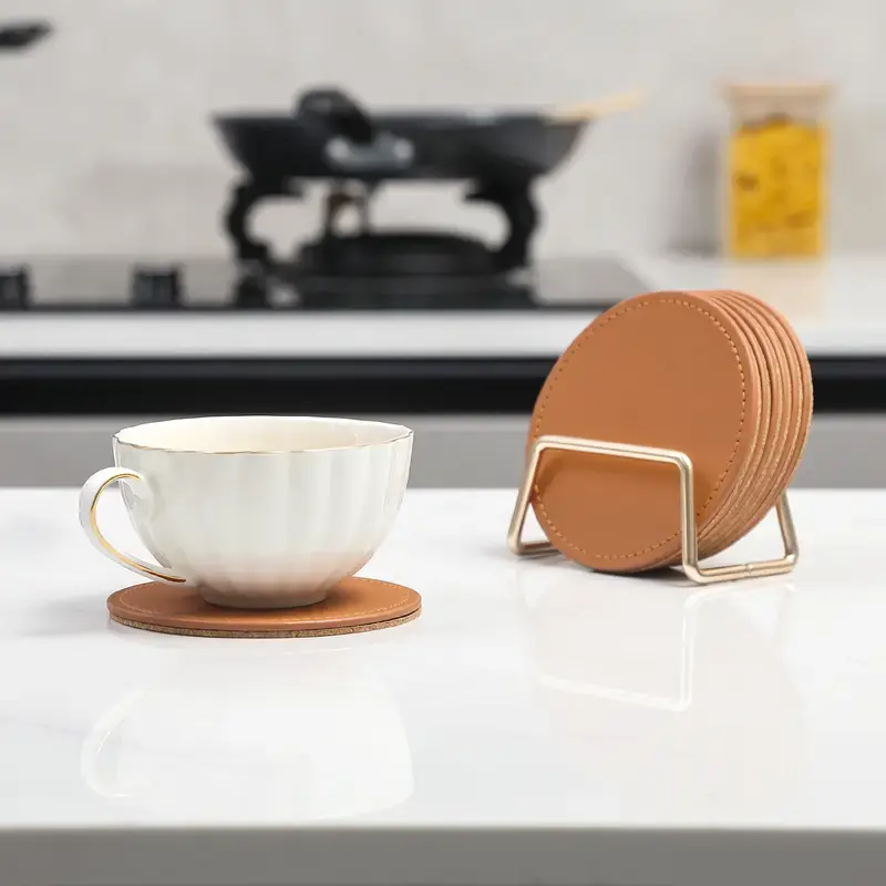 Thumbnail: 6 Leather Coasters with Metal Holder and Cork Base