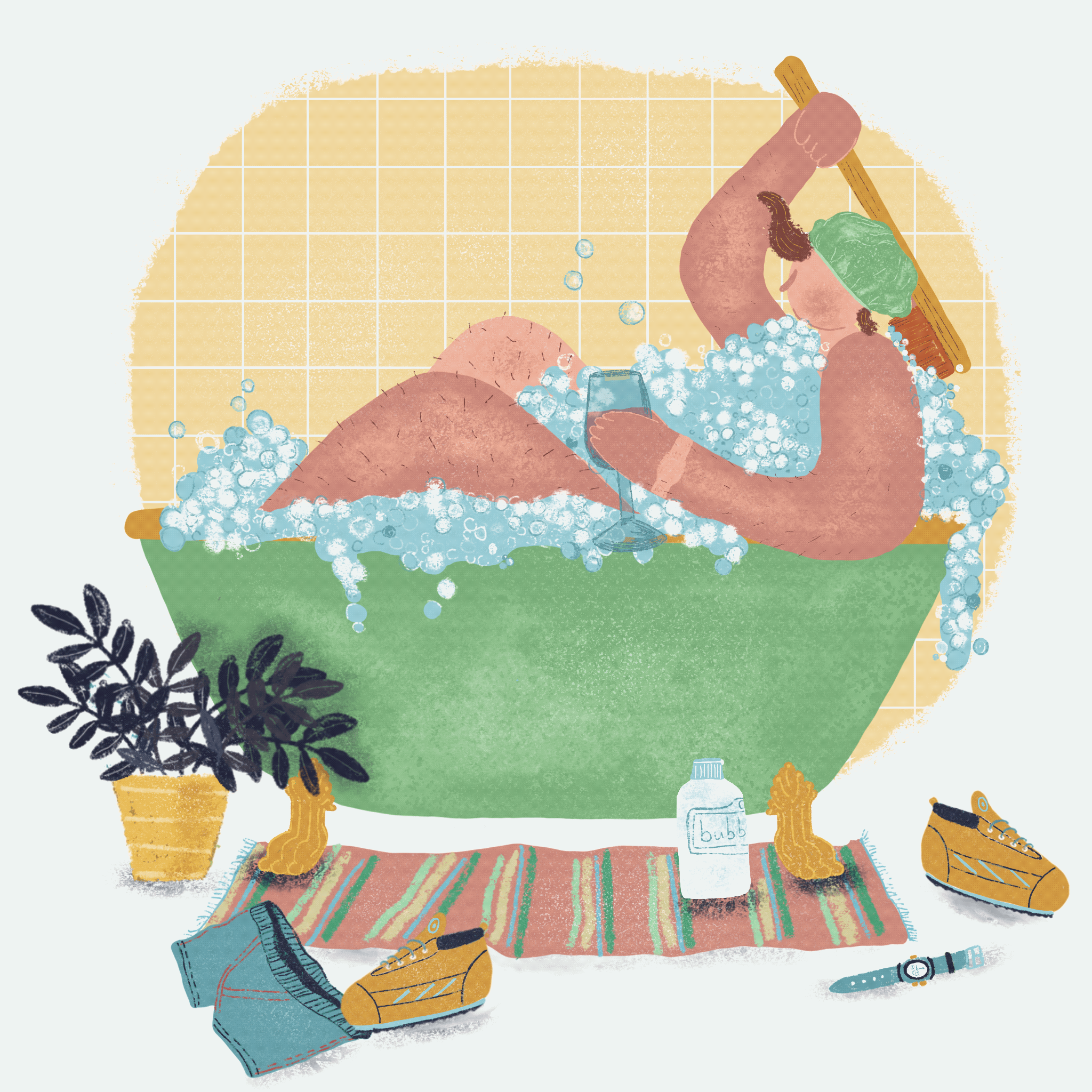 A man having a bubble bath after exercising created by Lisa Mellows