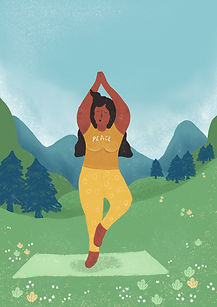 A lady enjoying some peace and quiet out in nature, doing a Yoga pose with mountains behind her