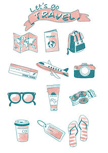 Limited colour palette, Two colour Travel icons illustrated by Lisa Mellows Illustration, showing twelve different icons relating to travelling, this could be used as an editorial illustration