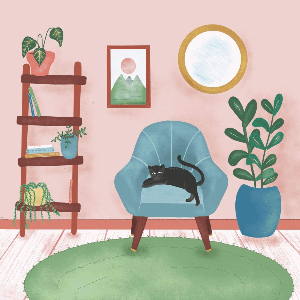 An Editorial Illustration of a fun space with a cat lying on a chair surrounded by plants. The cat has an animated tail. An Editorial Illustration created by Lisa Mellows Illustration