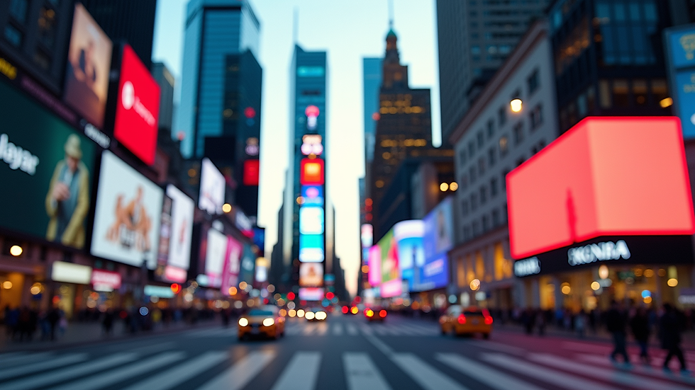 Eye-level view of a vibrant cityscape with digital billboards
