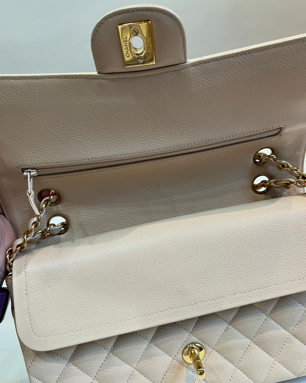 Thumbnail: Chanel Classic Medium Flap Quilted Beige Caviar GHW