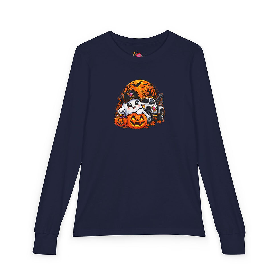 Thumbnail: Cute Ghost with Pumpkins and Tow Truck - Kids Long Sleeve Tee