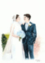 Live illustration of a smiling bride and groom