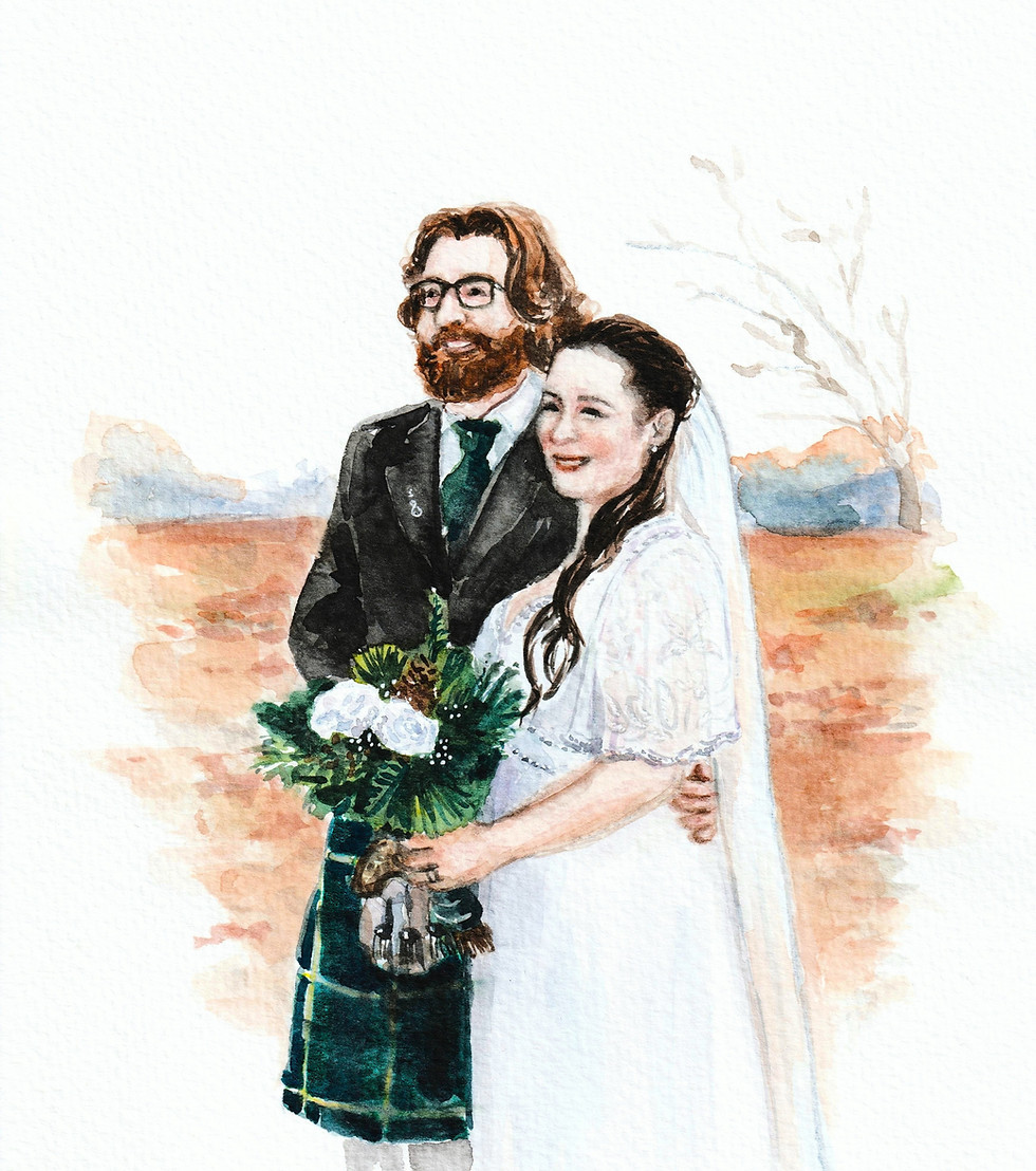 Live illustration of a wedding couple in a kilt and white gown.
