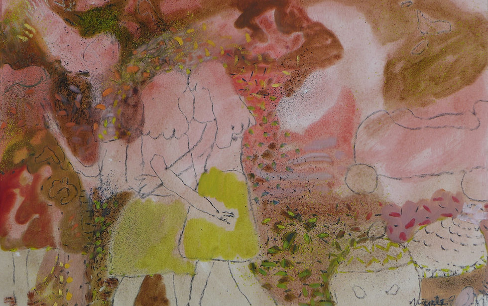 Maute, Girls and Boys in Park with Guardian Angel, oil & pastel on paper, 2018