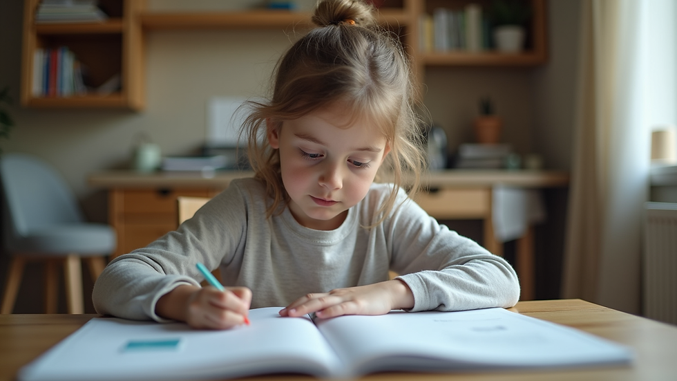 Eye-level view of a child studying with a laptop at a home desk