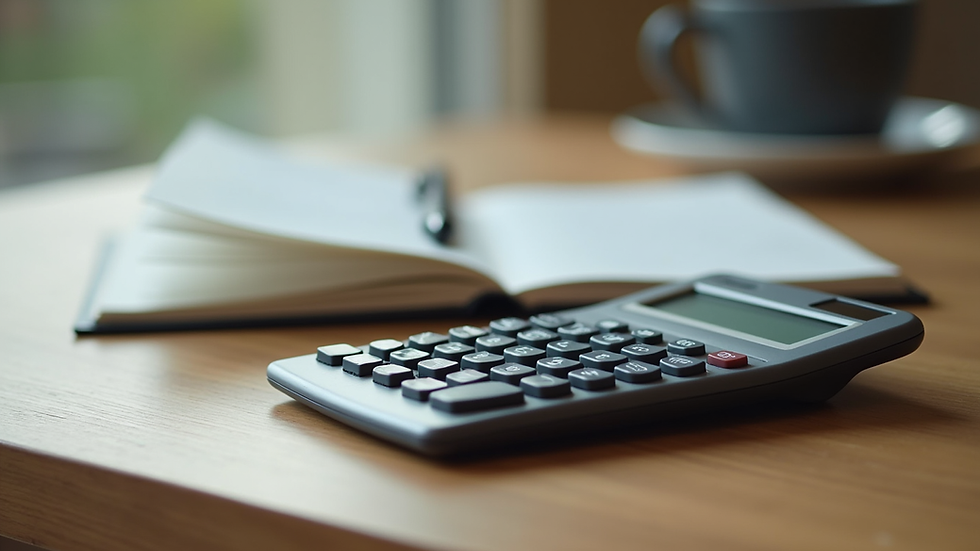 Close-up view of a calculator and notebook on a wooden table